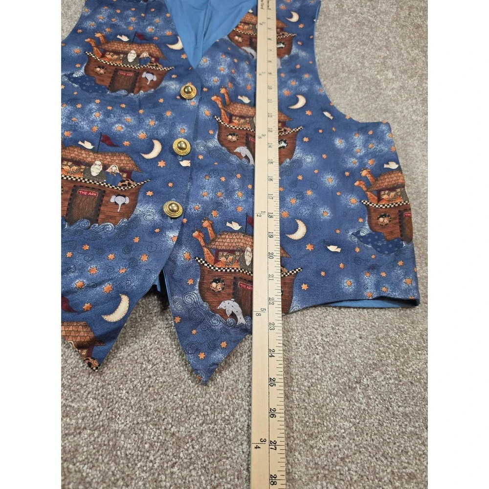 Vintage‎ Noahs Ark Animals Novelty Print Vest Blue Gold Buttons Teacher Size 1X